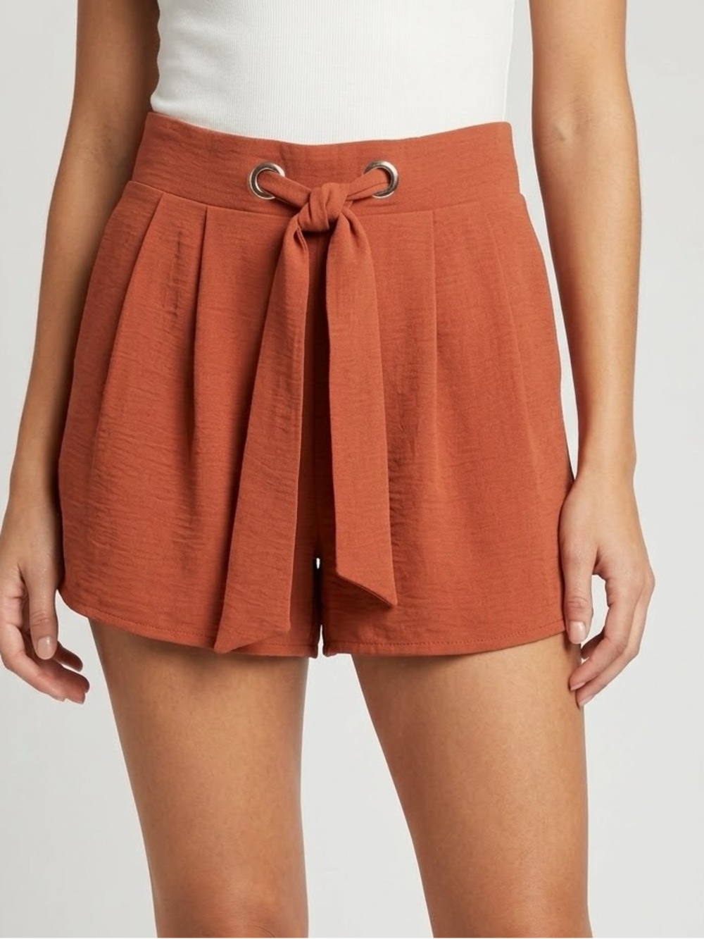 Retrology Terracotta High Waist Tie Front Shorts Medium Rust Orange Pleated Casu